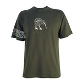 Green t-shirt with a white graphic design on a white background