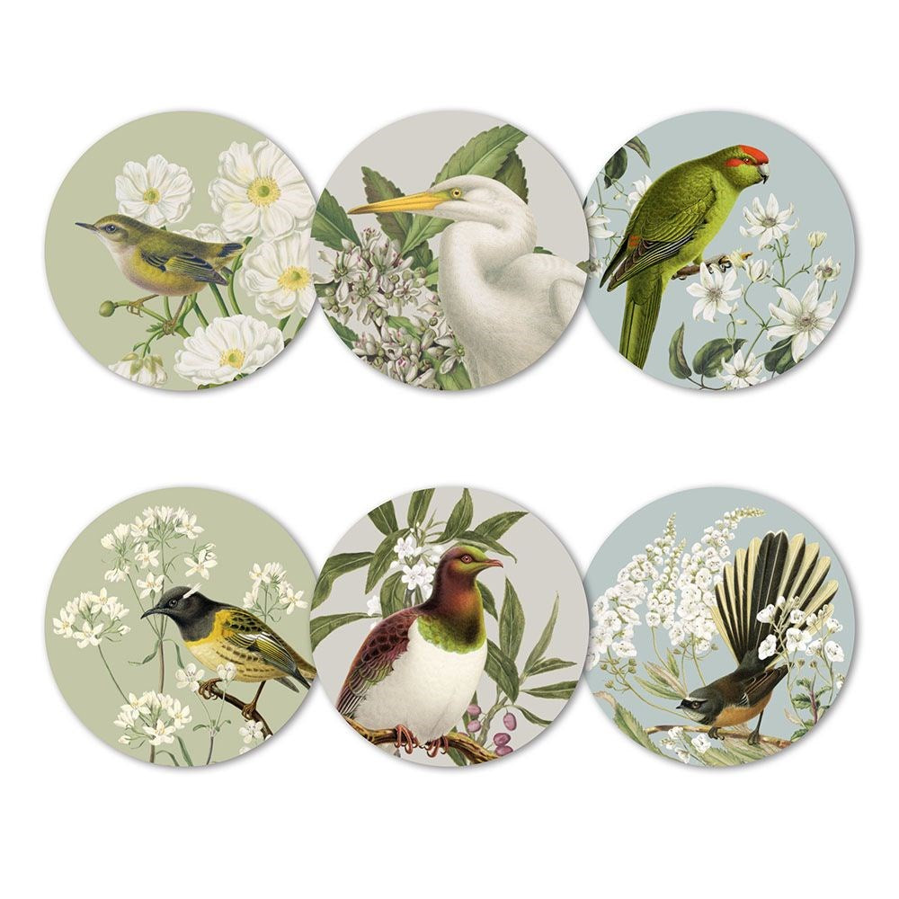 Set of six circular coasters with bird illustrations on a white background