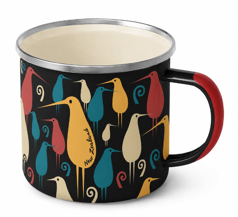 A black enamel camp mug with a colorful bird pattern, featuring a cream-colored interior, a black handle with a red accent, and the words 'New Zealand' printed on one of the birds. Main image