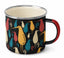 A black enamel camp mug with a colorful bird pattern, featuring a cream-colored interior, a black handle with a red accent, and the words 'New Zealand' printed on one of the birds.