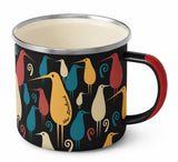 A black enamel camp mug with a colorful bird pattern, featuring a cream-colored interior, a black handle with a red accent, and the words 'New Zealand' printed on one of the birds.