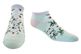 A pair of low-cut ankle socks with a pastel gradient background transitioning from mint green to light purple, decorated with a green pine branch and small pink and white floral pattern.