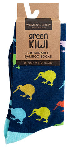 Women's Bamboo Socks - Coloured Kiwis on Navy