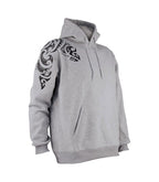 Grey hoodie with black tribal design on sleeve against a white background