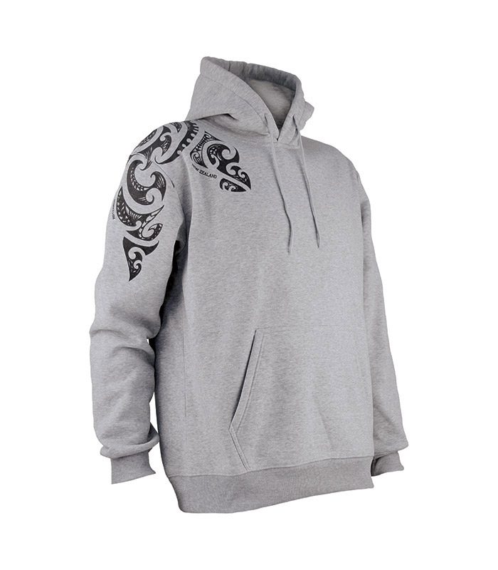 Grey hoodie with black tribal design on sleeve against a white background
