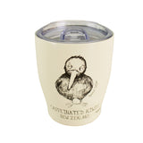 White tumbler with a kiwi bird illustration and text on a white background