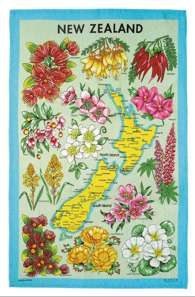 A rectangular tea towel featuring a vintage-style map of New Zealand surrounded by colorful illustrated flowers and green leaves, with a turquoise border on a white background. Main image