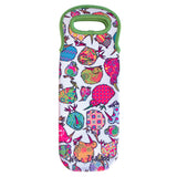 A wine cooler bag featuring a colorful, whimsical pattern of kiwi birds and eggs in pink, green, blue, and orange, with a green handle.