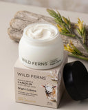 Wild Ferns lanolin night crème jar and packaging on a neutral background