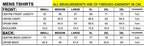 Mens t-shirt size chart with measurements in centimeters