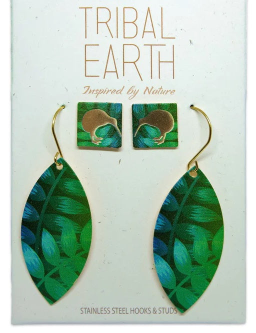 Tribal Earth Teardrop Earrings & Stud Set - Kiwi & Ferns #2 Main image