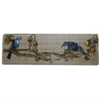 NZ Made Wood & Paua Wall Hanging - Tui In The Kowhai Main image