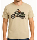 Beige t-shirt with a motorcycle and Kiwi graphic on a white background