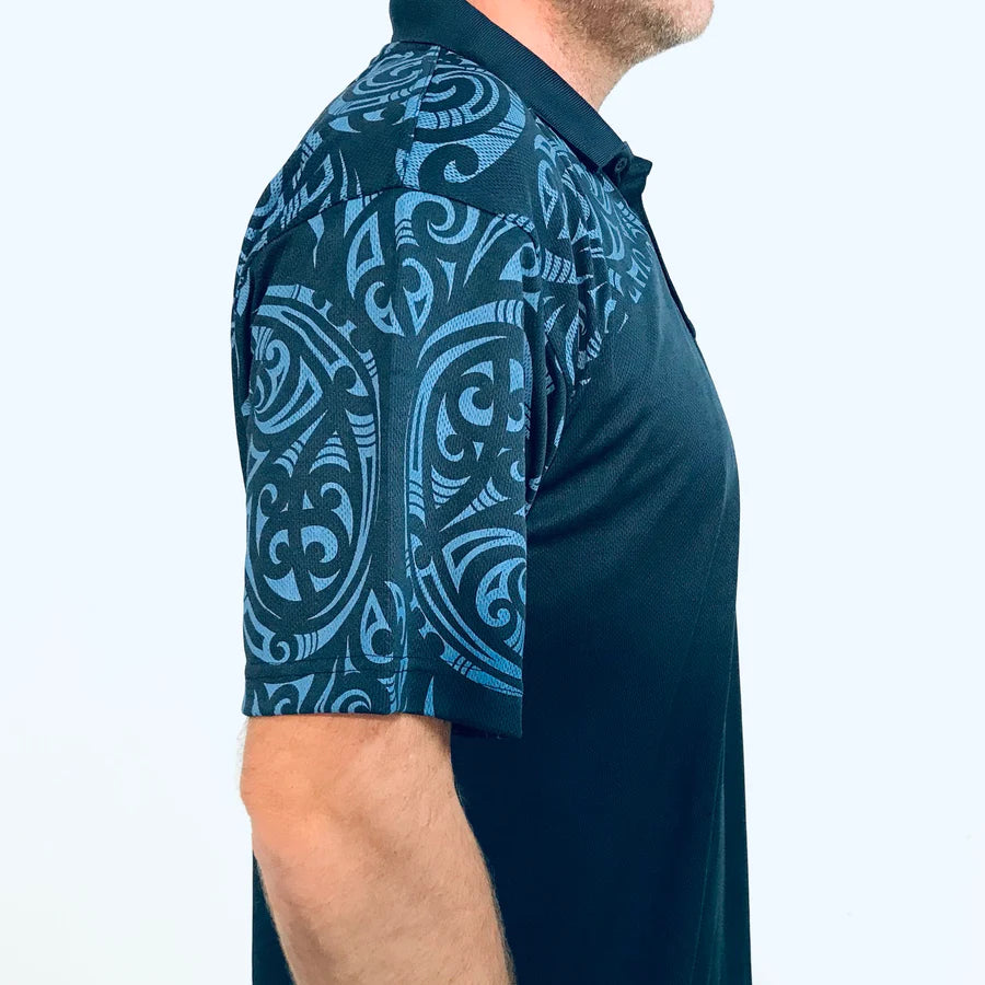 Men's Navy Polo Shirt - Maori Design And NZ Fern