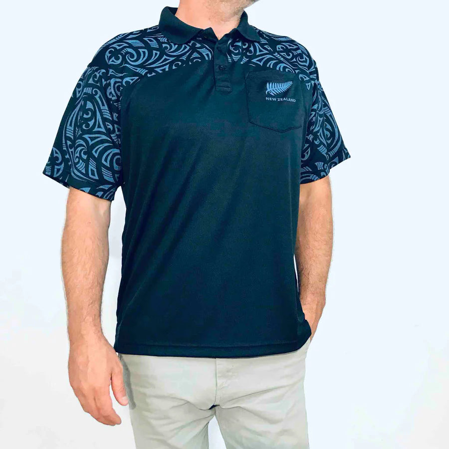 Men's Navy Polo Shirt - Maori Design And NZ Fern Main image