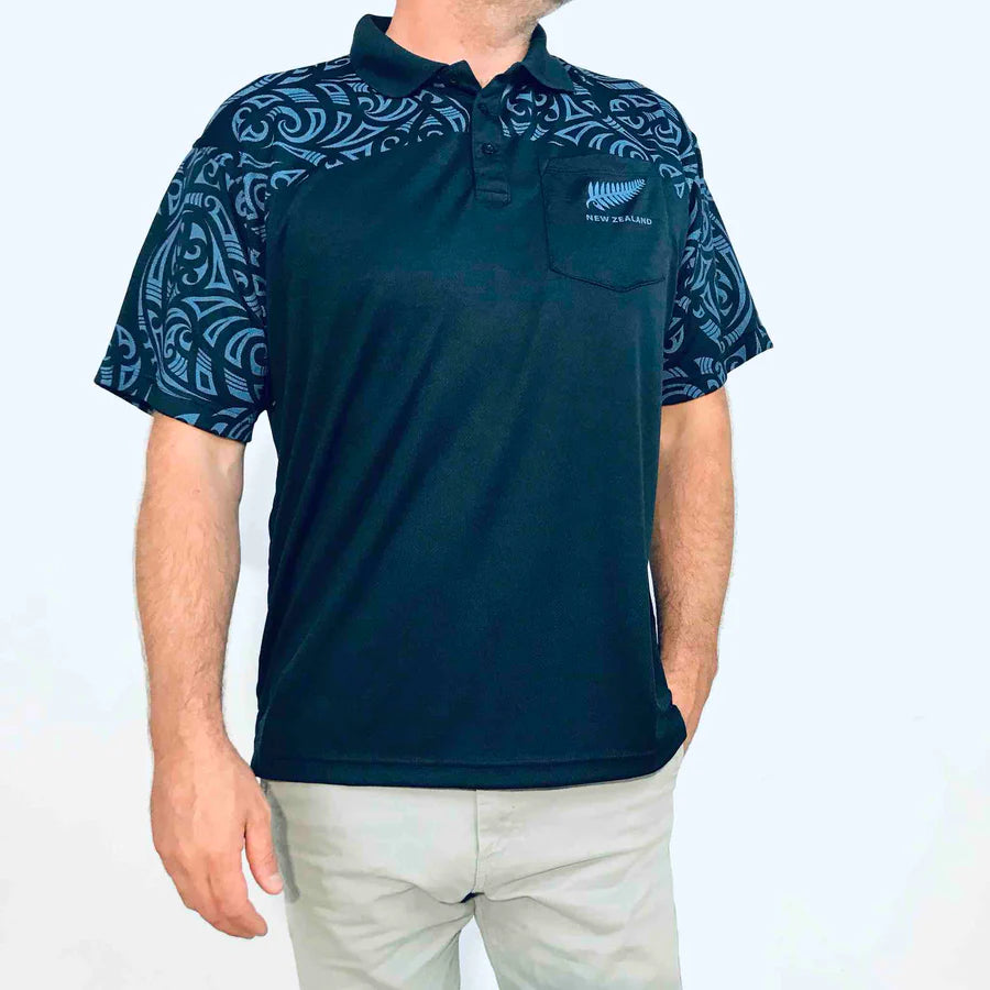 Men's Navy Polo Shirt - Maori Design And NZ Fern