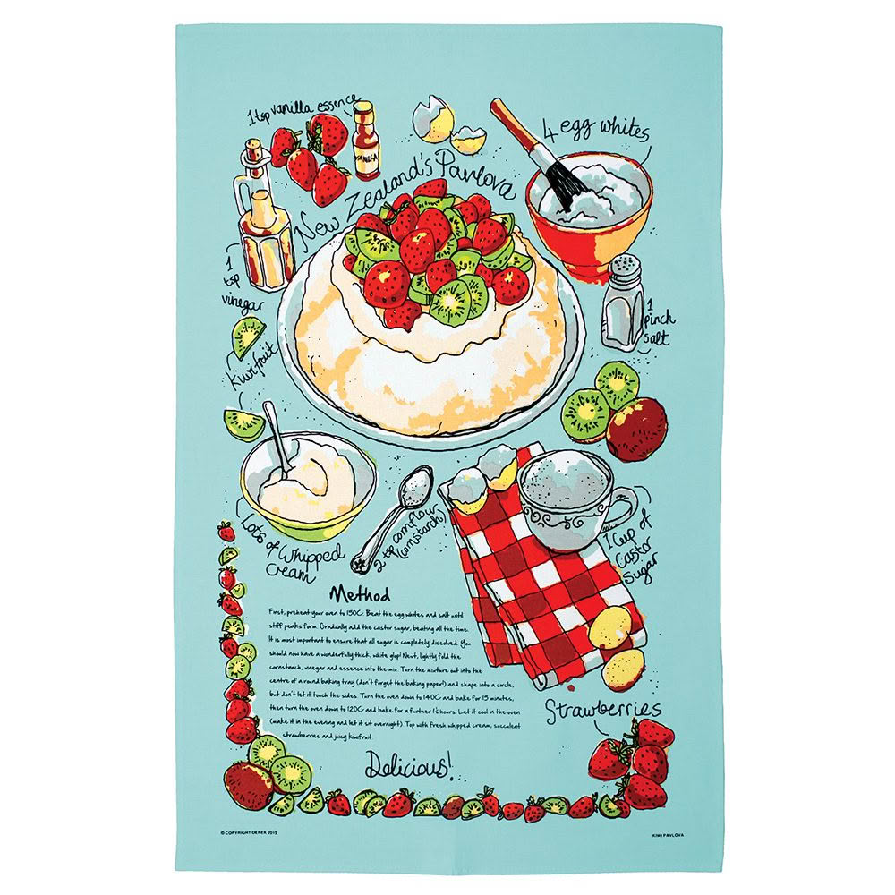 A rectangular kitchen towel with a light blue background, featuring a colorful hand-drawn illustration of a strawberry dessert with ingredients, a recipe, and decorative text. Main image