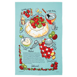 A rectangular kitchen towel with a light blue background, featuring a colorful hand-drawn illustration of a strawberry dessert with ingredients, a recipe, and decorative text.