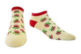 A pair of low-cut ankle socks with a red cuff, red heel, and toe, featuring a repeating pattern of red pohutkawa flowers and green leaves on a cream-colored background, shown against a plain white background.