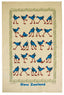 A vintage-style New Zealand tea towel featuring a cream-colored background with a border of green reeds and rows of blue birds with red beaks and legs. The words 'New Zealand' are printed in blue at the bottom.