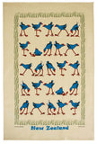 A vintage-style New Zealand tea towel featuring a cream-colored background with a border of green reeds and rows of blue birds with red beaks and legs. The words 'New Zealand' are printed in blue at the bottom.
