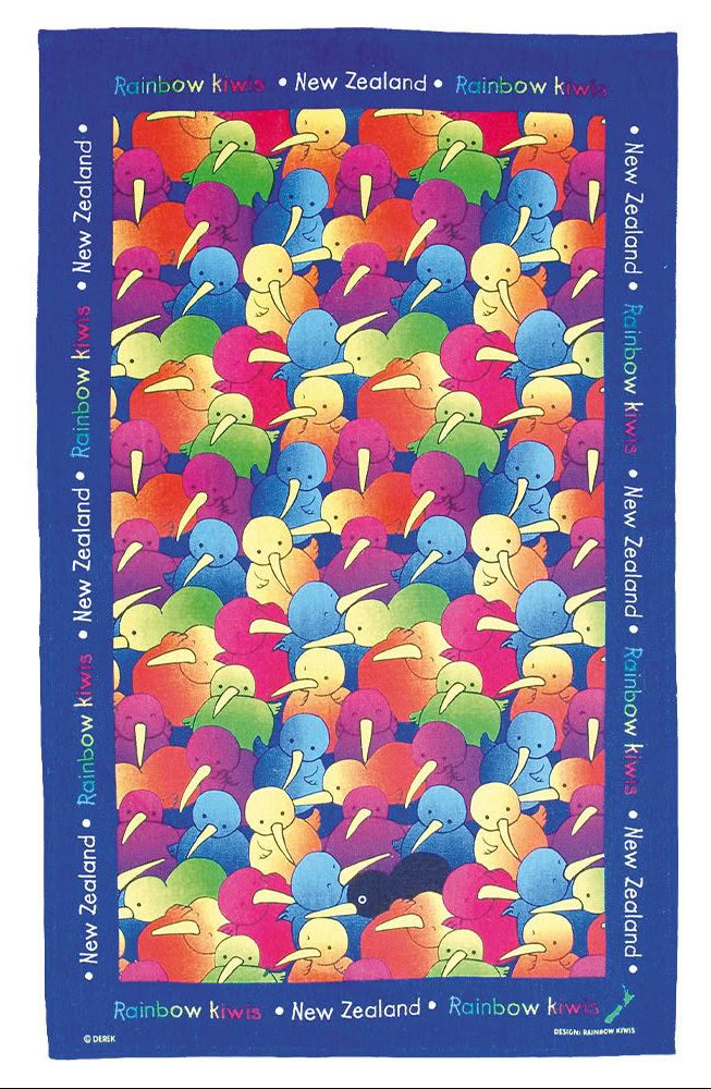A rectangular tea towel featuring a colorful pattern of cartoon kiwi birds in shades of yellow, blue, green, pink, and orange on a dark blue background, with 'Rainbow kiwis * New Zealand' printed along the borders. Main image
