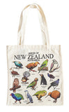A cream-colored canvas tote bag featuring a colorful illustration of various New Zealand birds with the text 'BIRDS OF NEW ZEALAND AOTEAROA' printed on the front, set against a plain white background.