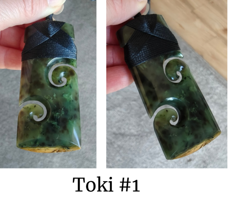 NZ Flower Jade Greenstone Toki With Double Koru #FJ*