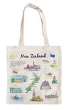 An off-white canvas tote bag featuring a colorful illustrated map of New Zealand with various landmarks, text, and the New Zealand flag.