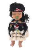 Doll with traditional attire and headdress on a white background