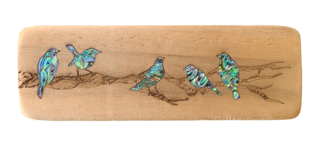 NZ Made Wood & Paua Wall Hanging - Robins