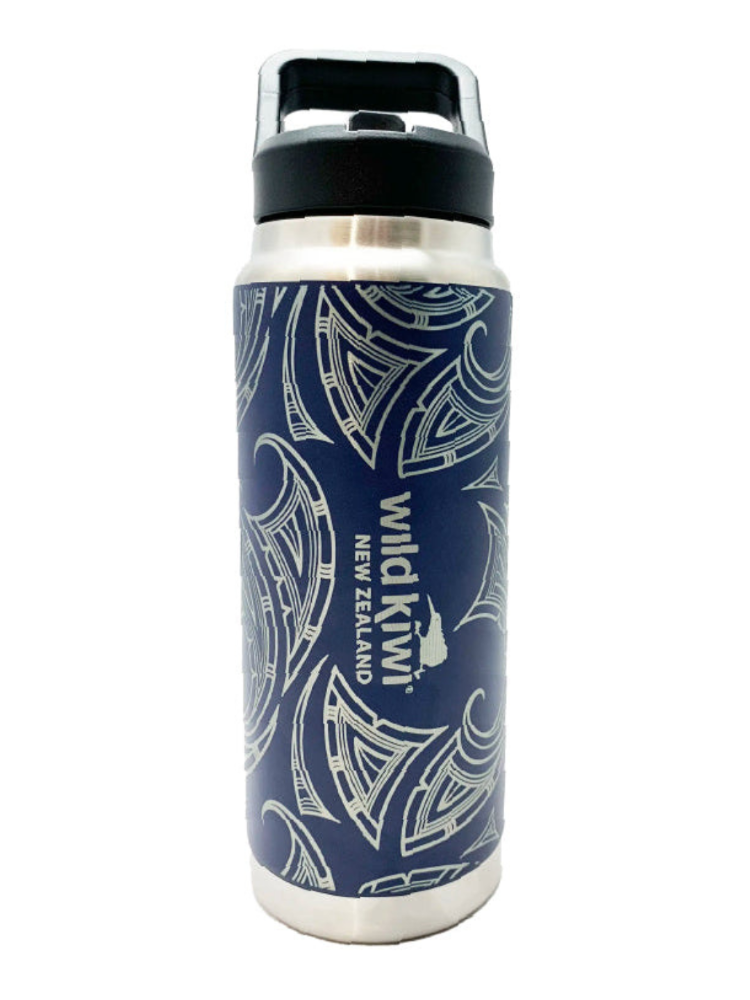 A stainless steel insulated water bottle with a navy blue and white Maori-inspired wave pattern, featuring the 'Wild Kiwi New Zealand' logo on the front, set against a plain white background. Main image
