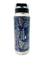 A stainless steel insulated water bottle with a navy blue and white Maori-inspired wave pattern, featuring the 'Wild Kiwi New Zealand' logo on the front, set against a plain white background.