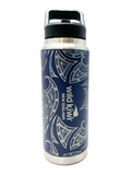 A stainless steel insulated water bottle with a navy blue and white Maori-inspired wave pattern, featuring the 'Wild Kiwi New Zealand' logo on the front, set against a plain white background.