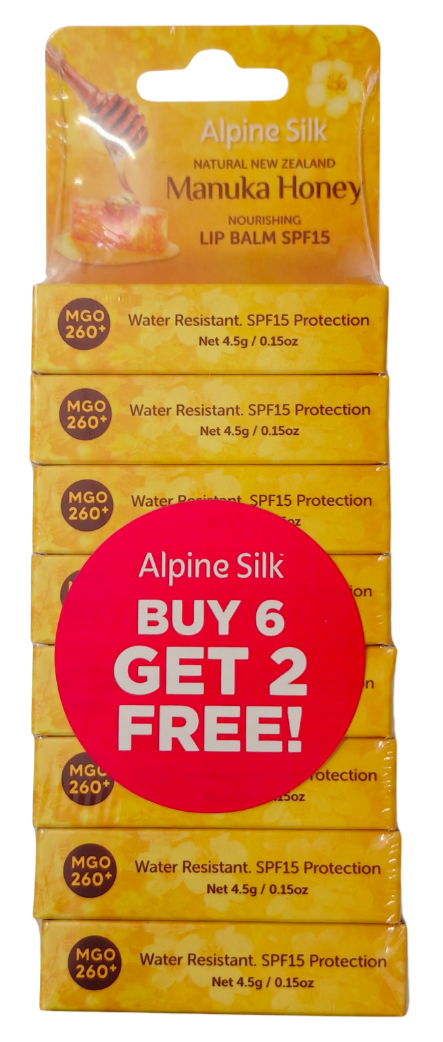 Alpine Silk Manuka Honey lip balm packaging with promotional offer on a white background