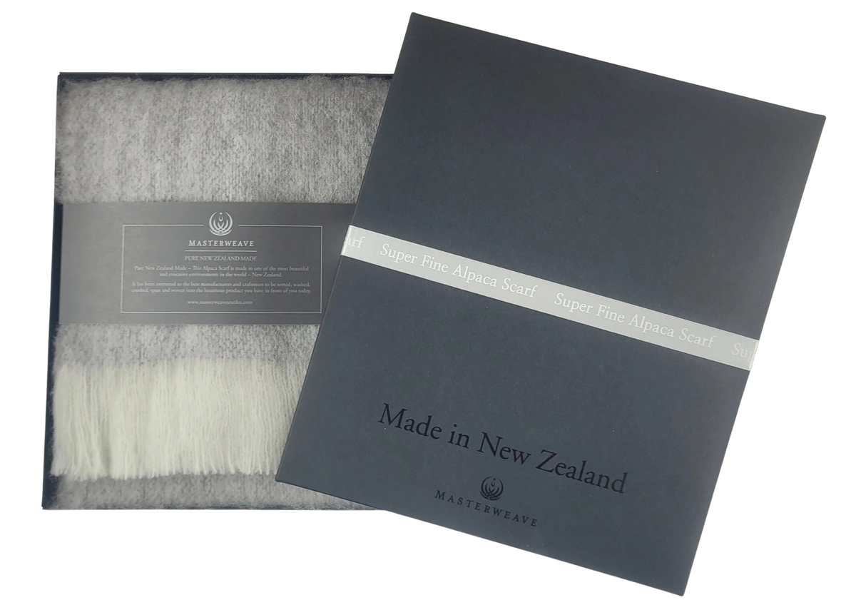 Gray scarf with packaging displaying 'Made in New Zealand' text Main image