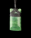 Green jade pendant with woven cord on a black background