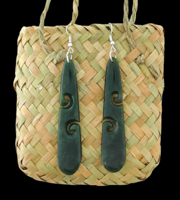 NZ Greenstone Drop Koru Earrings 70mm #64 Main image