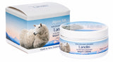 Alpine Silk Lanolin Ultra Replenishing Night Crème shown with its white cardboard packaging box and a white plastic jar, both featuring a label with a sheep on a mountain background.