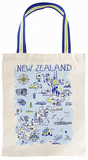 A canvas tote bag featuring a blue and yellow illustrated map of New Zealand with the text 'NEW ZEALAND' printed across the top. The bag has a natural off-white body and blue straps with yellow stripes.