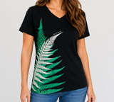 Ladies Fitted T-Shirt - Green And White Fern NZ