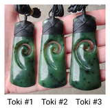 NZ Greenstone Toki With Koru Carving 70mm #53
