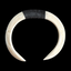An off-white carved pig tusk necklace with intricate scrollwork patterns and a black braided cord wrapped around the top center, shown against a solid black background.