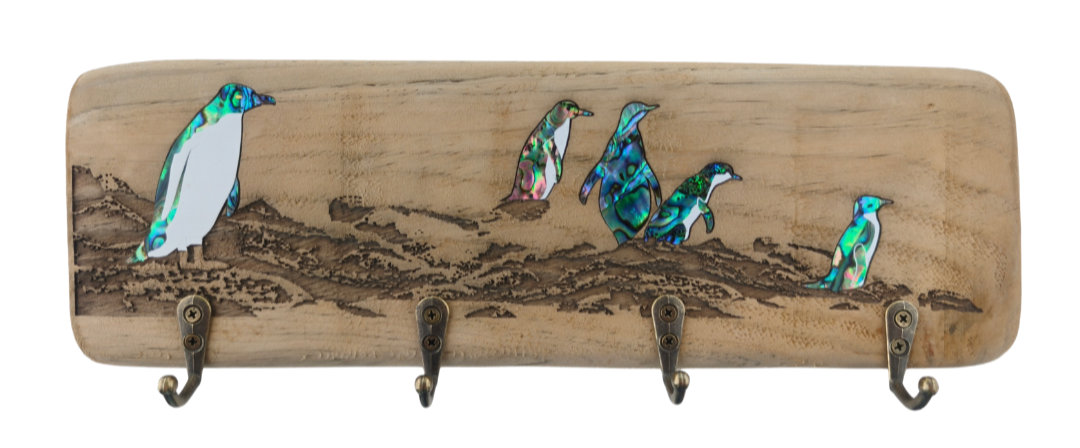 NZ Made Wood & Paua Keyholder - Penguin Main image