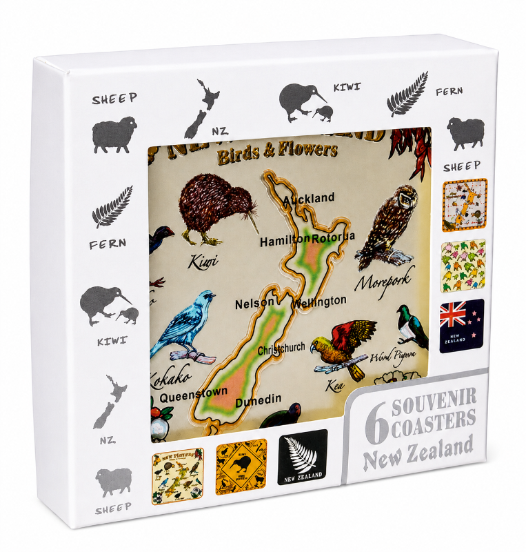 A boxed set of New Zealand souvenir coasters shown in its retail packaging. The white box features black silhouettes of sheep, kiwi, fern, and New Zealand maps, with a central inset showing a vintage-style birds and flowers map of New Zealand. Main image