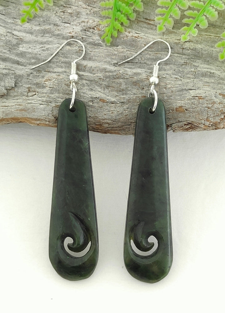NZ Greenstone Drop Koru Earrings 62mm #62B Main image