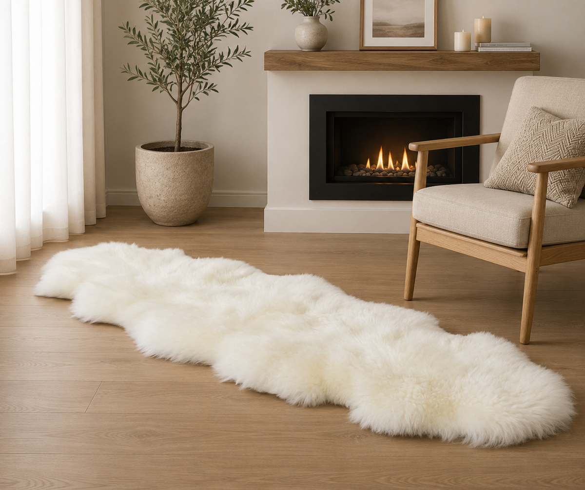 A fluffy off-white sheepskin-style area rug laid out on a light wood floor in a styled living room with a fireplace, chair, and potted plant. Main image