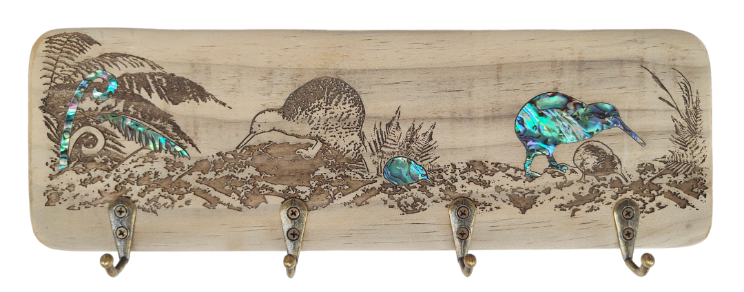 NZ Made Wood & Paua Keyholder - Kiwi And Fern Main image
