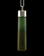 A cylindrical pendant necklace made of a translucent greenstone with a polished silver cap and chain, shown against a solid black background.