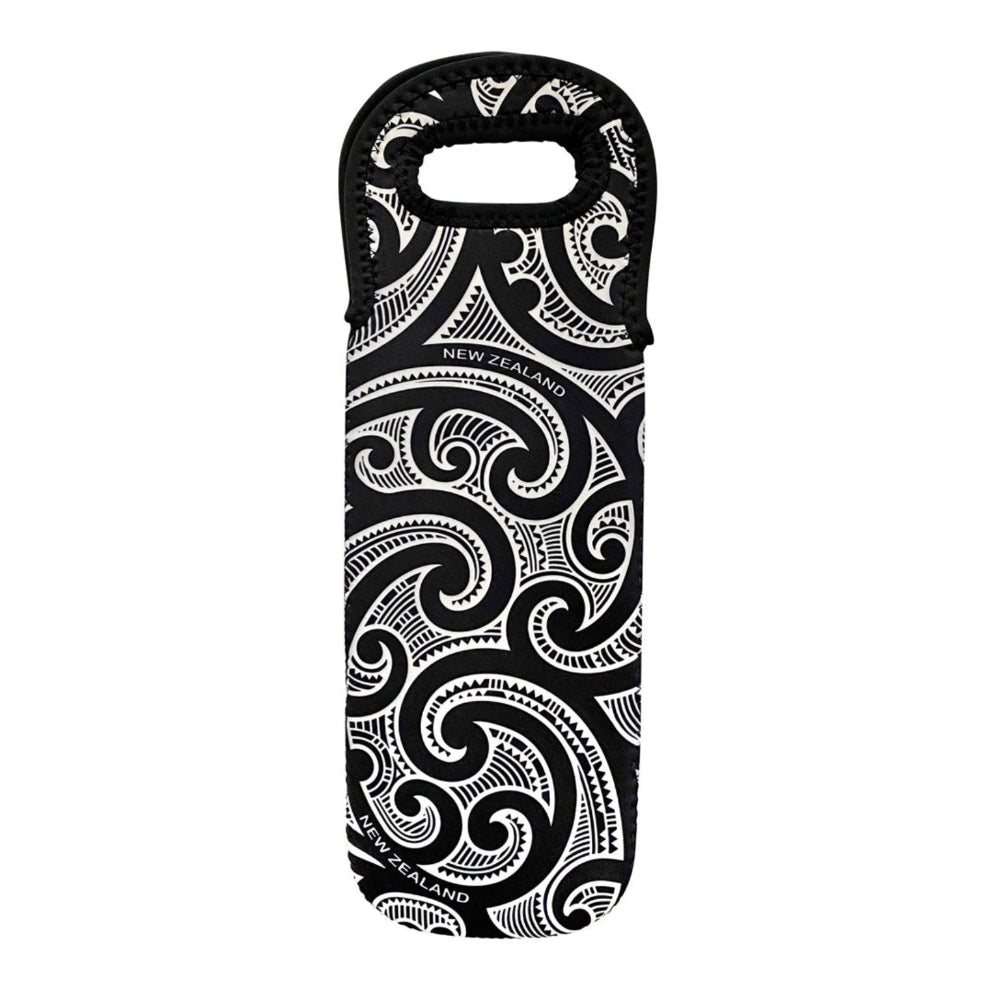A wine cooler bag featuring a black and white Polynesian tribal pattern with 'NEW ZEALAND' text printed on it, shown against a plain white background.